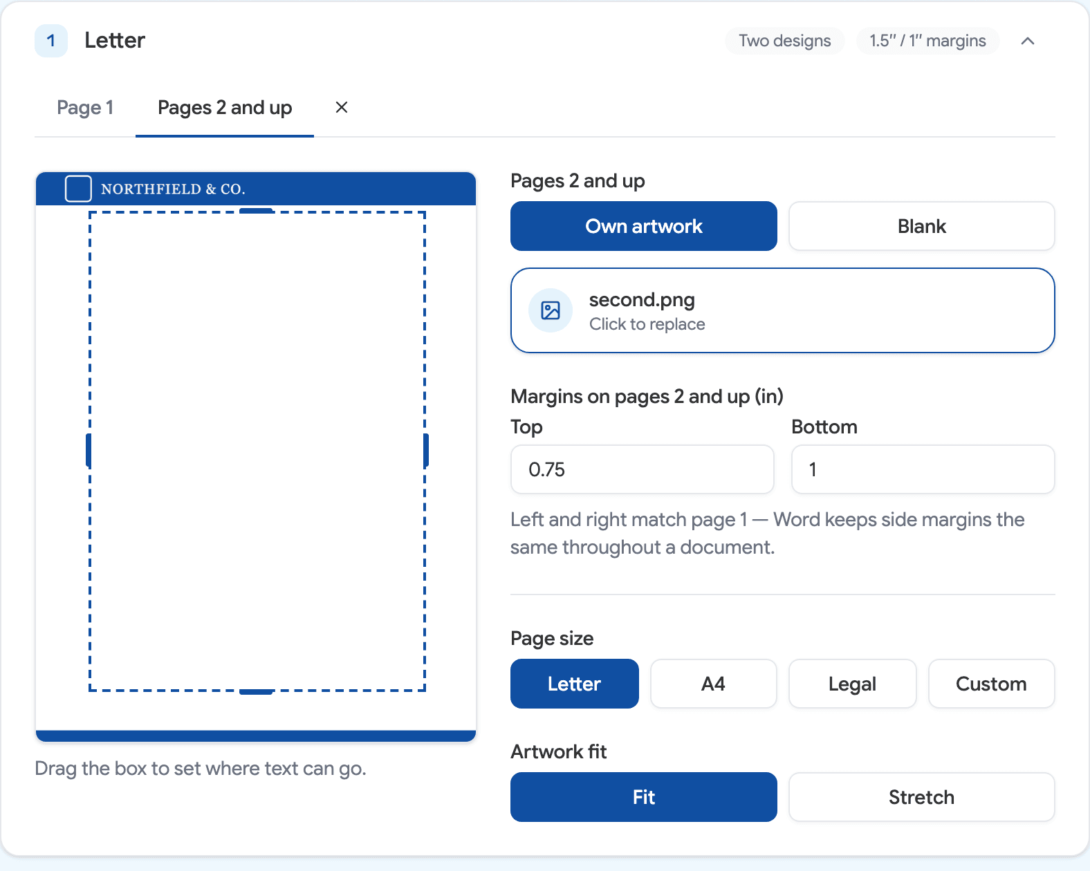 The pages 2 and up tab, showing a lighter second design and its own margins, separate from page 1’s.